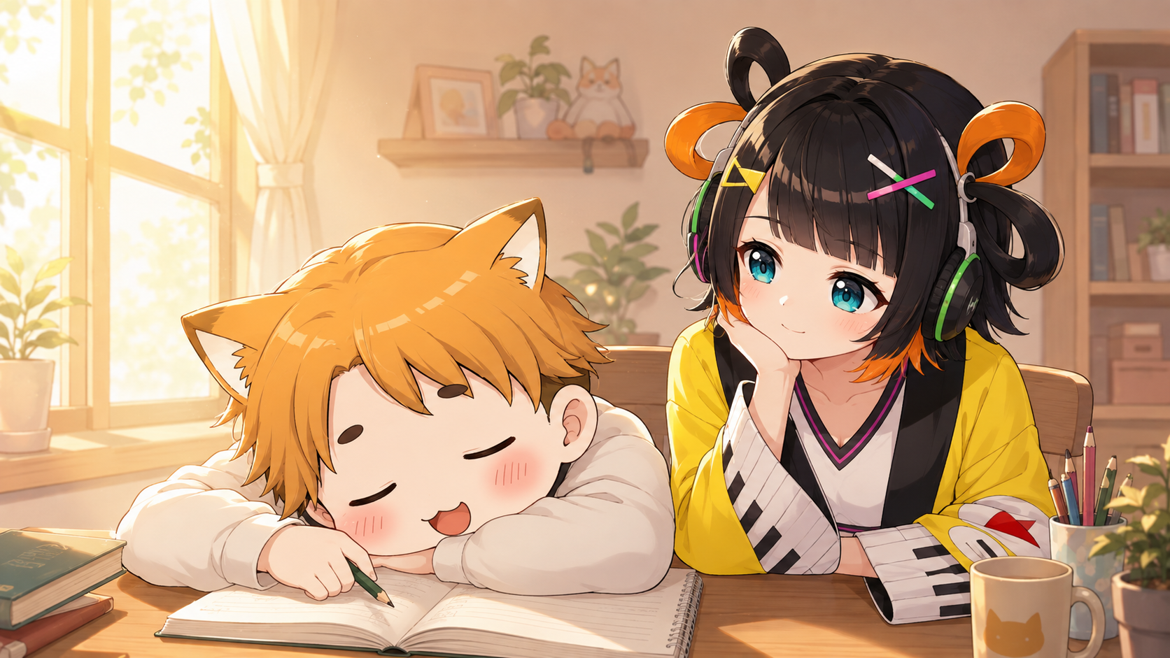 勉強に疲れて眠るこん太に、りんくがそっと寄り添う朝